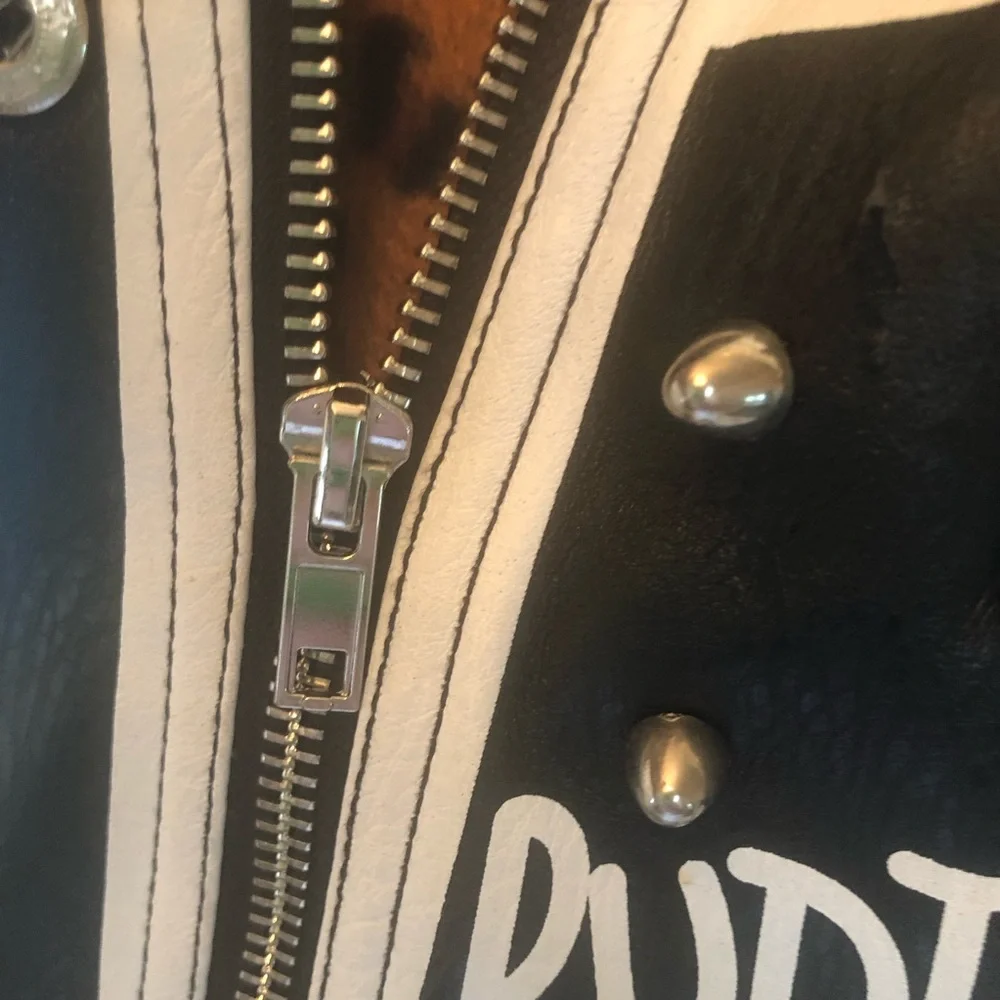 Studded Black Vegan Leather Jacket with White Graphic Patches